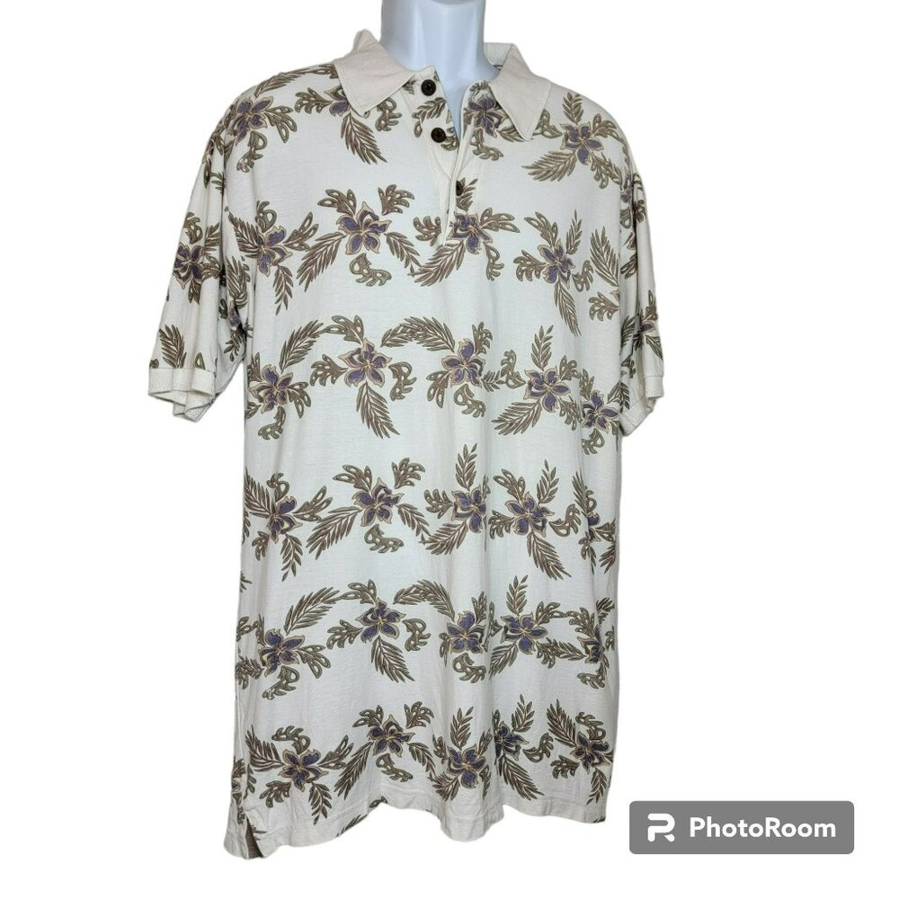 Sgt. Leisure Hawaiian Polo Shirt, Men M, White w/Green&Purple Tropical Print,EUC